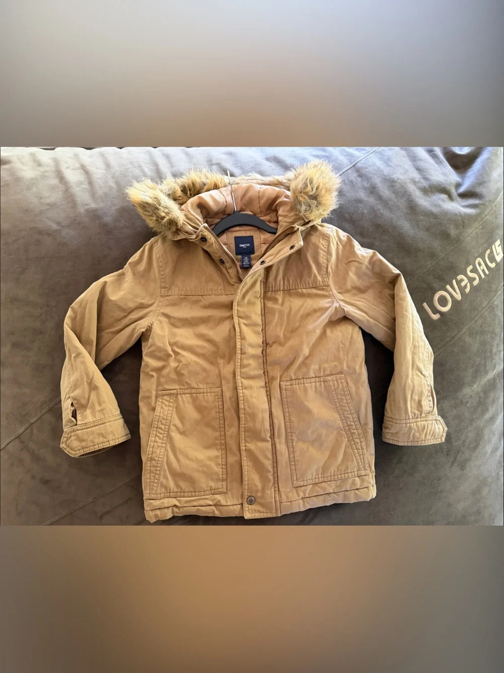 GAP Kids Hooded Puffer Jacket with Faux-Fur Trim in Tan